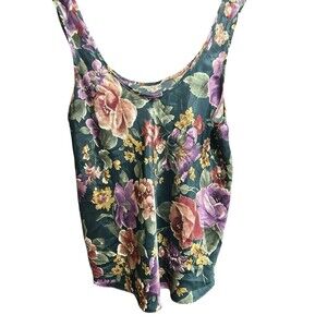 Vintage Signature Expressions Tank Top Sleeveles FLoral Green Size Small 90s Y2K